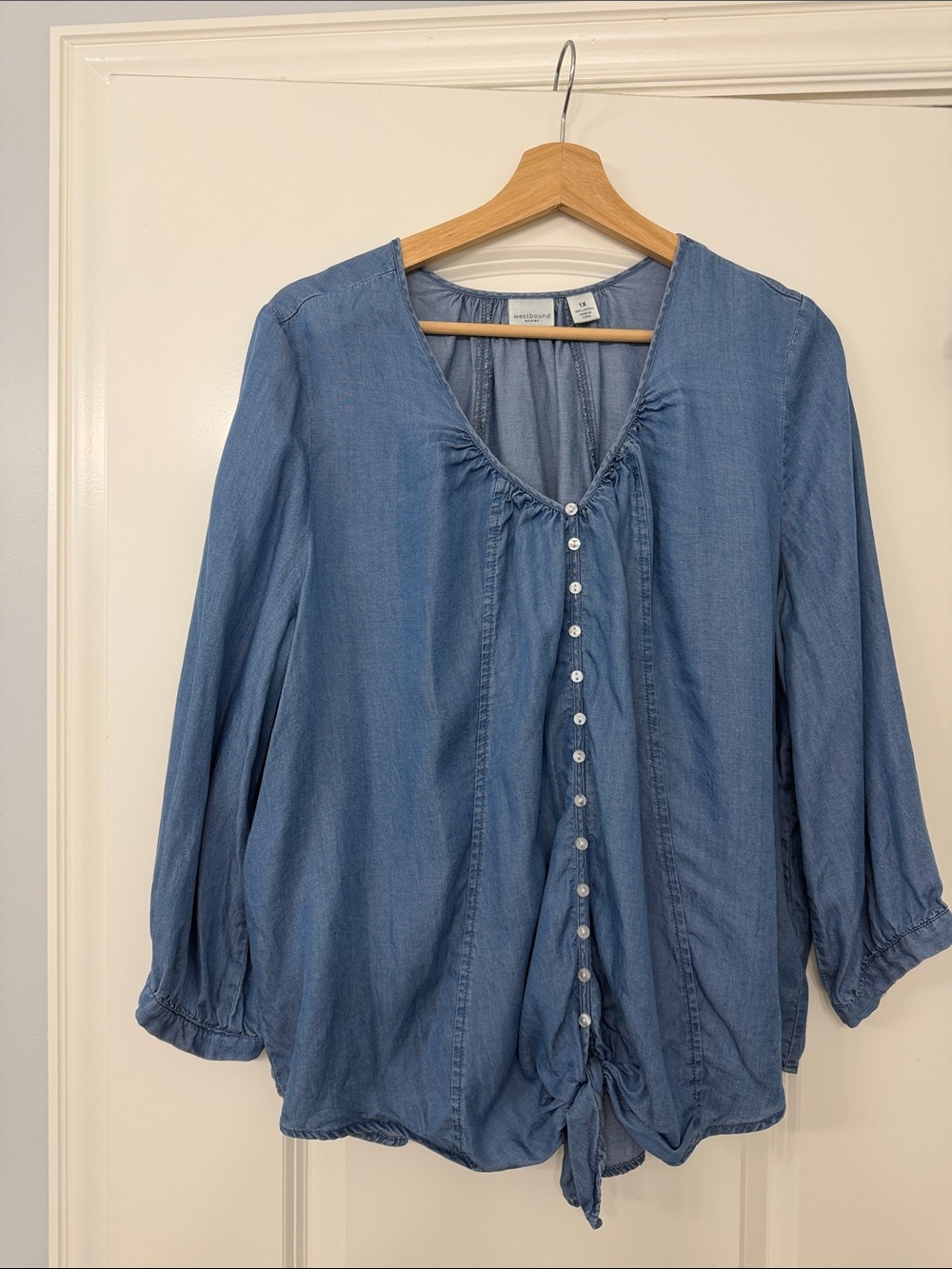 Westbound Chambray Button-Front Tie Hem Blouse - Blue